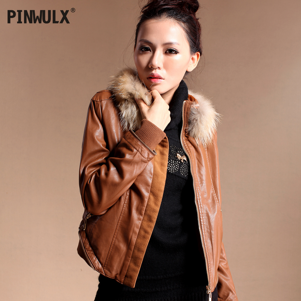 New arrival 2012 winter women's fur collar leather clothing short design water wash PU leather jacket stand collar slim