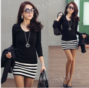 New Arrival 2012 Women Korean Elegant Fashion Long Sleeve Dresses Slim Sexy White Striped Mini OL Dress Skirt  EE-002