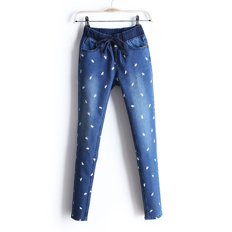 new arrival 2013 darning-needle spring print drawstring elastic waist jeans women's long trousers wk1607