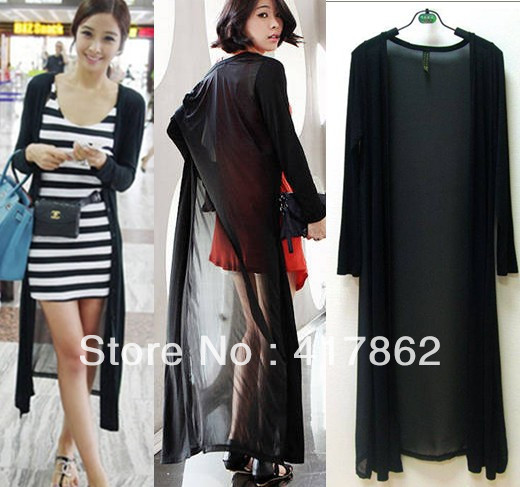 New arrival 2013 elegant chiffon patchwork knitted long-sleeve ultra long paragraph outerwear cardigan high quality