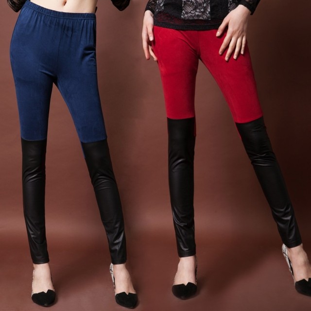 New arrival 2013 female color block ultra elastic comfortable pu1 close-fitting leather basic high waist trousers leather pants
