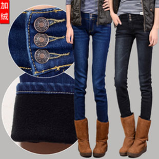 New arrival 2013 plus size slim skinny pants plus velvet thickening of buttons high waist plus velvet jeans pencil pants