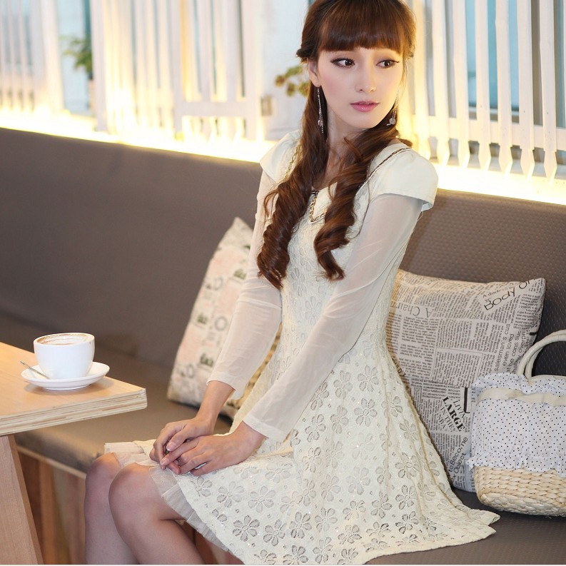 New arrival 2013 quality leather patchwork peter pan collar full paillette lace one-piece dress slim basic skirt