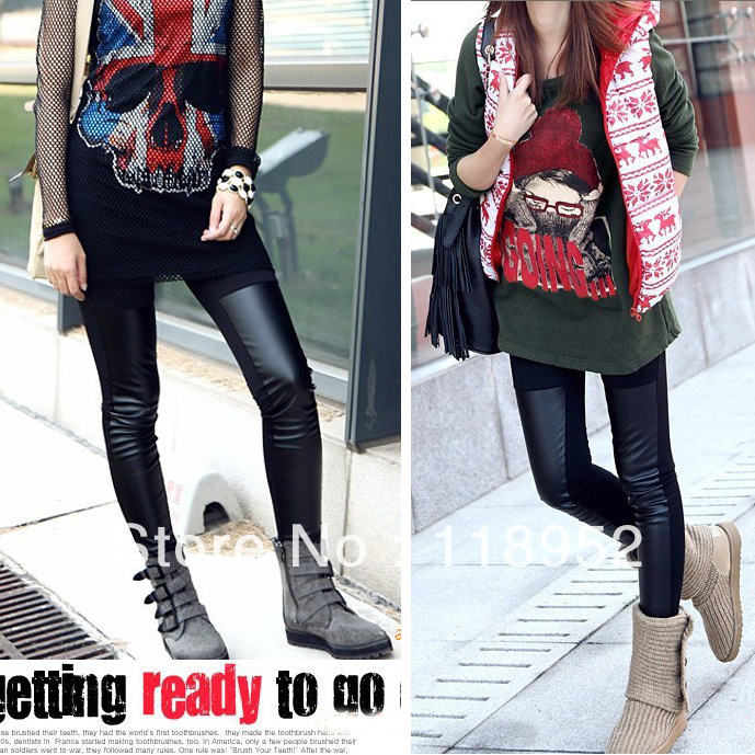 New arrival 2013  spring autumu winter Fashion Sexy Irregular Faux Leather Patchwork black Legging Free Shipping