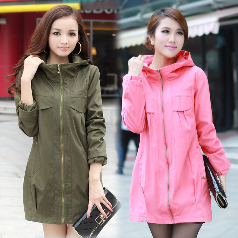 New arrival 2013 spring loose plus size with a hood medium-long zipper long-sleeve 100% cotton trench 304 Free Shipping