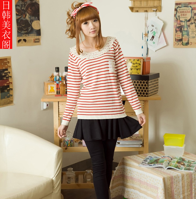 New arrival 2013 spring women's crochet horizontal stripe long-sleeve sweater loose basic sweater