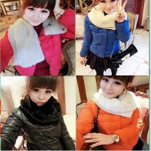 New arrival 2013 spring women's patchwork scarf muffler fur collar zipper wadded jacket outerwear solid color short design small