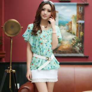 New arrival 2013 summer chiffon women's ruffled pleated sleeve twinset skirt with belt
