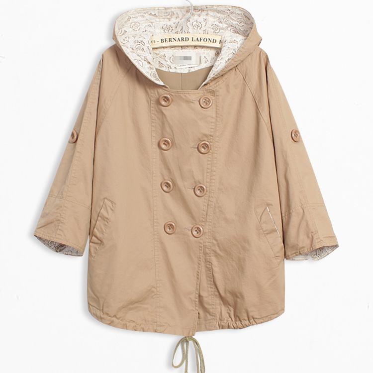 New arrival 2013 women's autumn solid color double breasted lace hat batwing sleeve trench outerwear w819 Free shipping