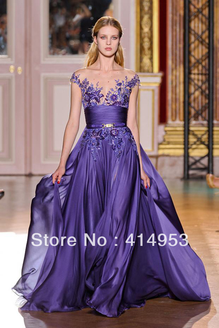 New Arrival 2013 Zuhair Murad Couture Sexy V Neck Embroidery Purple Chiffon Ruched Popular Evening Dresses
