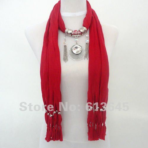 New Arrival 3 pcs/lot, Wholesale Fashion Red Jewellery Necklace Scarf with Alloy Round Crystal Pendant, Free Shipping, SC-0004F