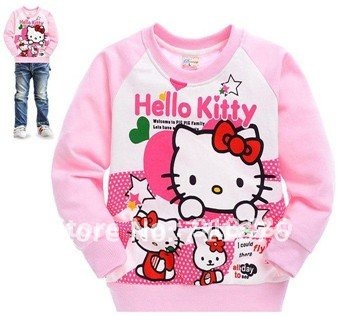 New arrival 5pcs/lot Casual Cartoon 2color Red and Pink Hello Kitty Girls Cotton Terry Coat Kids Clothes Sweatshirts