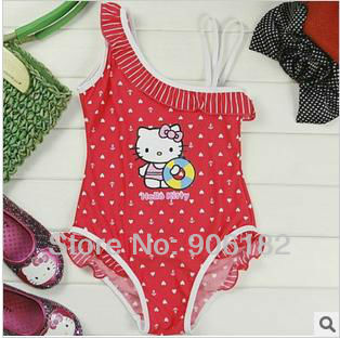 New Arrival- 5pcs red kid's swimsuits hello kitty beachwears girl's cartoon swimwear