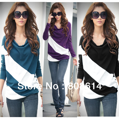 New Arrival Advance Style New Womens Splice Color  Loose Batwing Long Sleeve Tshirt Blouse