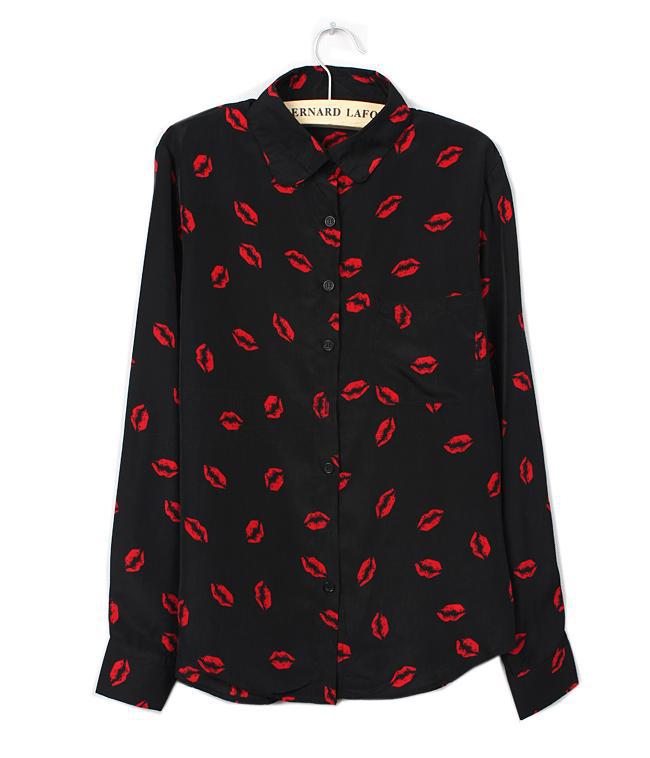 new arrival ASOS paragraph with hot flame red lip seal shirt long-sleeved shirt women love
