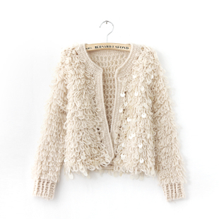 New arrival autumn and winter 2012 Women o-neck knitted crochet paillette cutout sweater cardigan coat