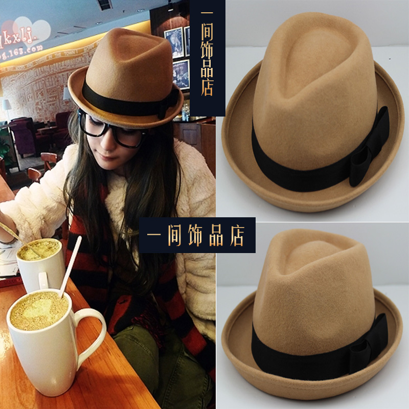 New arrival autumn and winter camel roll-up hem roll up hem small fedoras jazz hat female woolen