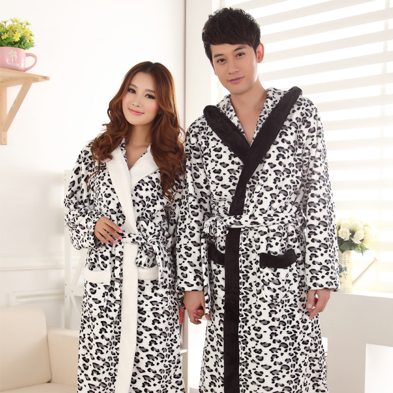 New arrival autumn and winter lovers robe thickening coral fleece male women's bathrobes long-sleeve lounge leopard print