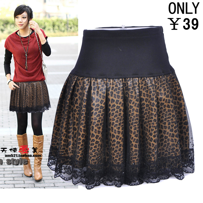 New arrival autumn and winter short skirt leopard print leather skirt lace puff skirt autumn and winter bust skirt short skirt