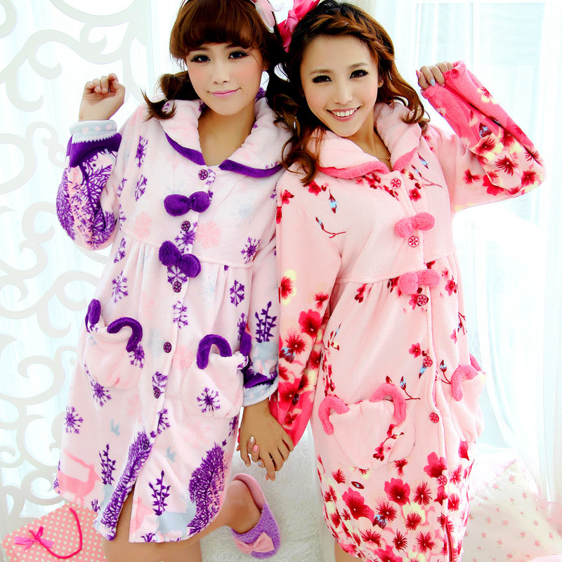 New arrival autumn and winter women's small pompon flower coral fleece long-sleeve robe nightgown sleepwear lounge