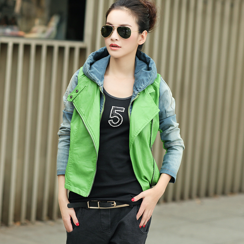 New arrival autumn cool casual faux two piece denim patchwork leather clothing