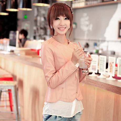 New arrival autumn o-neck slim water washed leather small leather clothing jacket outerwear Free Shipping