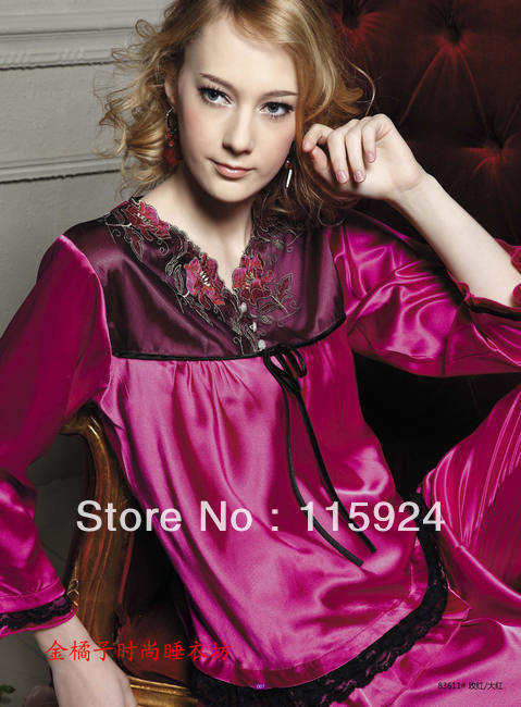 New arrival autumn style pajamas noble purple silk feeling lingerie sexy lady's sleep wear 83611 SIZE M L XL