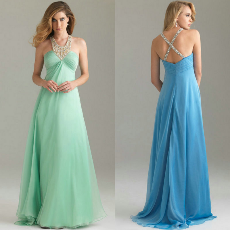 New Arrival Backless Jewelry Neckline Empire Chiffon Lime Green Evening Gown Dress