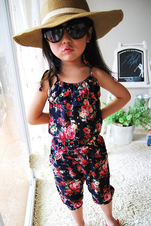 New Arrival beach style girl one piece sling pants kids flower print overalls for 3-7 years