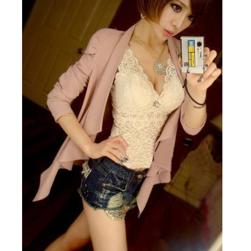 New arrival belt pad sexy low-cut V-neck cutout spaghetti strap tube top lace vest lace shirt 2