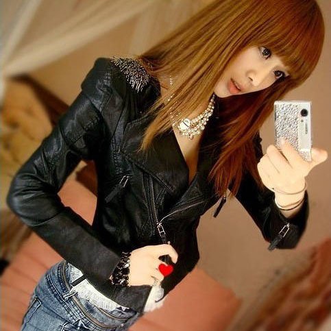 New Arrival Black Women PU Faux Leather Slim Short Zip Up Motorcycle Ladie' Jacket Epaulet Outerwear # L034220