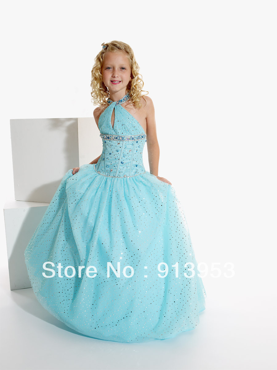 New Arrival Blue Pretty Angels Pageant Gowns Halter Ball Gown Flower Girl Princess Dresses