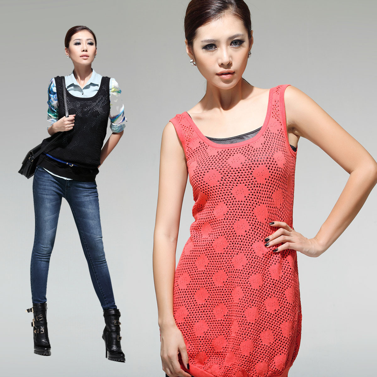 New arrival brief cotton top female medium-long wool sweater solid color small cutout flower tank dress