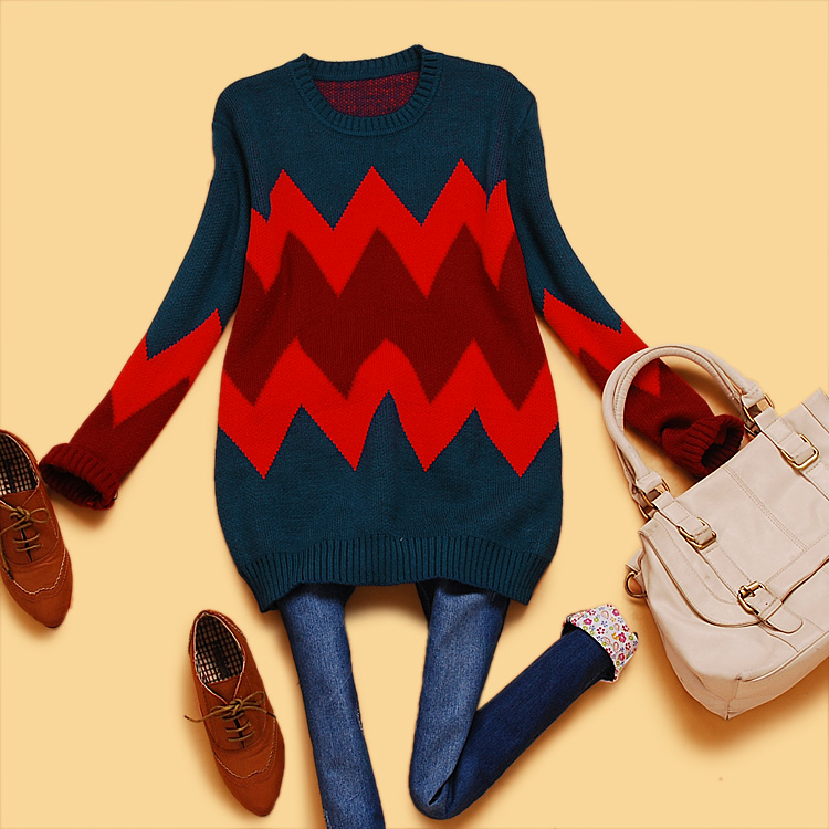 New arrival Ca2-3 winter women's fashion vintage color block geometry wave stripe medium-long sweater