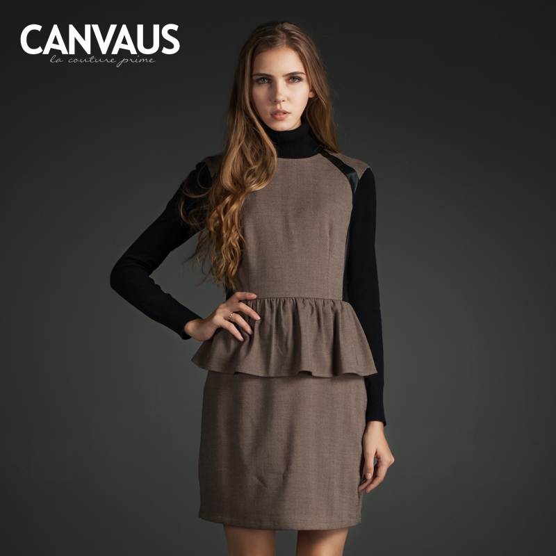 New arrival canvaus2012 fashion two piece fashion faux leather patchwork o-neck sleeveless one-piece dress