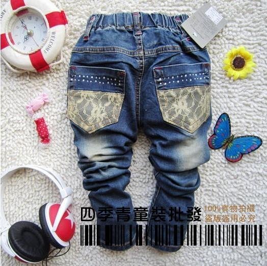 New arrival children girls Lace Crystal JEANS pants trousers 4-12Years 100%COTTON Fashion Best gifts
