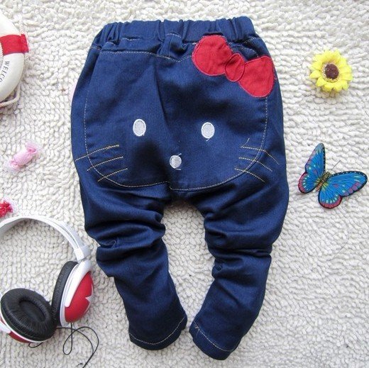 New arrival children HELLO KITTY JEANS big PP BOWTIE pants trousers 100%COTTON embroidery Best gifts