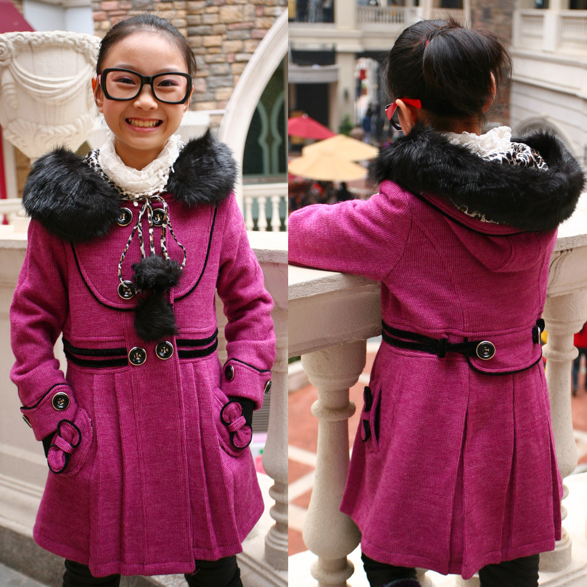 New arrival children's clothing female child medium-long woolen overcoat child fur collar trench outerwear autumn and winter