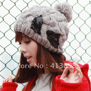New arrival!Cute lady sequin bow with ball  Knitted hat for autumn and winter wholesale and retail