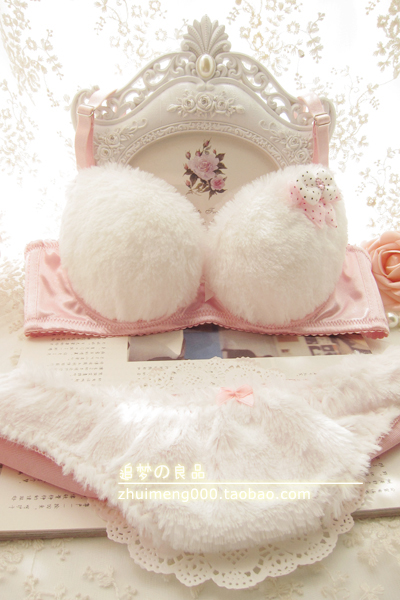 New Arrival Cute Women Small Pink Bra  Set,Sweet Hairy Push Up  Bra,Sexy Underwear Set,Free Shipping