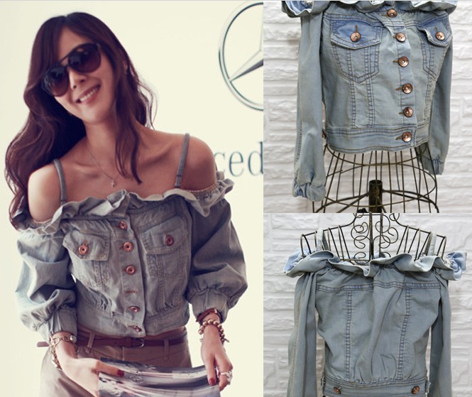 New arrival denim top women's sexy shoulder strap slit neckline single breasted water wash denim coat outerwear