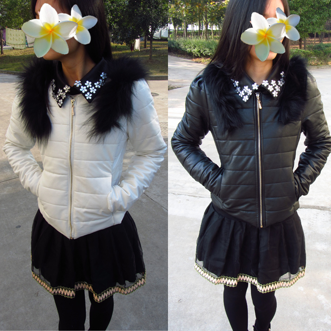 New arrival double-shoulder wool o-neck long-sleeve female short design wadded jacket leather coat cotton-padded jacket