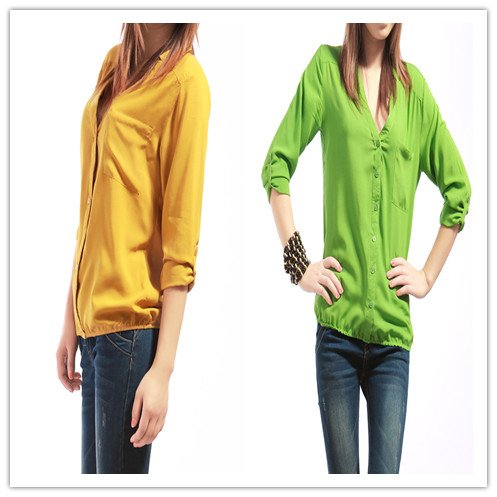 New Arrival European Version V-neck Women Blouses One Pocket Elastic Edge Temperament Size M,L,XL Ladies' Blouse Shirts