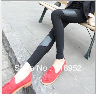 New arrival fahion autumn irregular faux leather patchwork cool thin womanlegging stitching nine points elastic slim tight pants