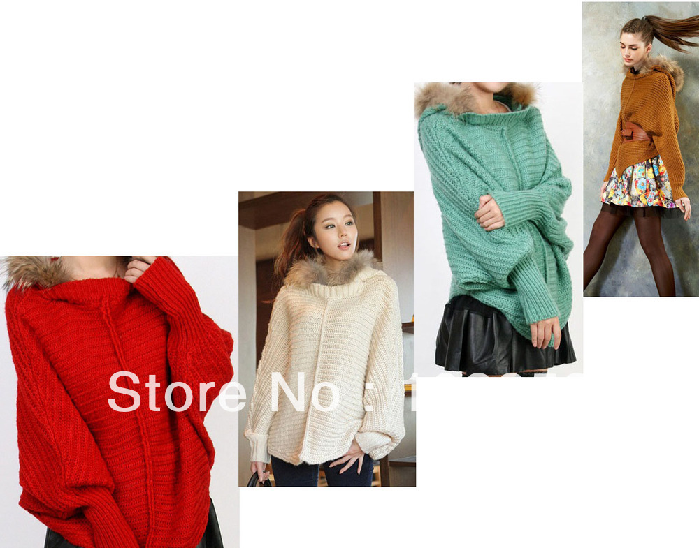 New Arrival Fashion Autumn And Winter Women's Hooded Fur Collar Batwing Shirt Sweater Outerwear Sweater  Free Shipping CMO-0021