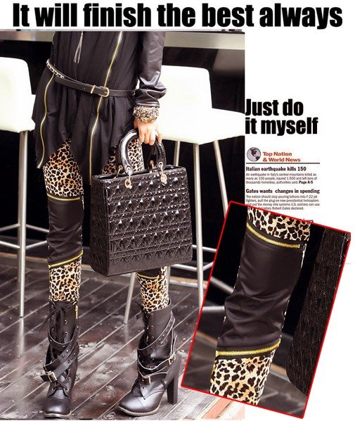 New arrival/ fashion cool women's leggings /broken hole PU leather Leopard sexy leggings/pants patchwork  zipper tight pants