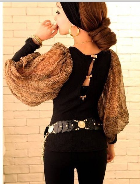 New arrival Fashion Serpentine pattern lantern sleeve chiffon patchwork women  blouse/ free shipping