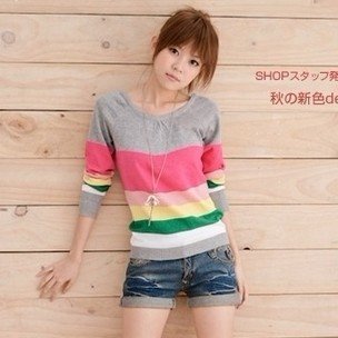 New arrival Fashion Women Colorful Striped Sweater Lady's long sleeve o-neck Slim pullovers Casual knitwear