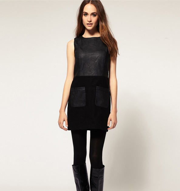 New arrival Fashion Women Elegant Black PU leather Dresses Ladies patchwork vantage Casual Slim vintage OL career dress DR14