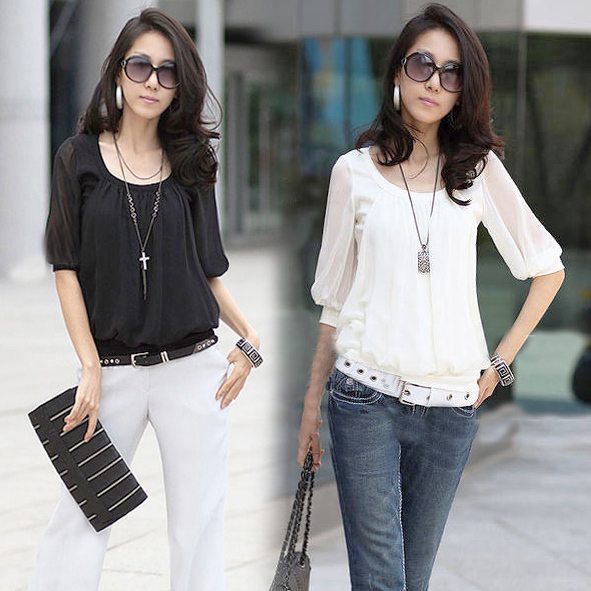 New Arrival Fashion Women's Chiffon See-through Round Neck Blouse T Shirts # L034488